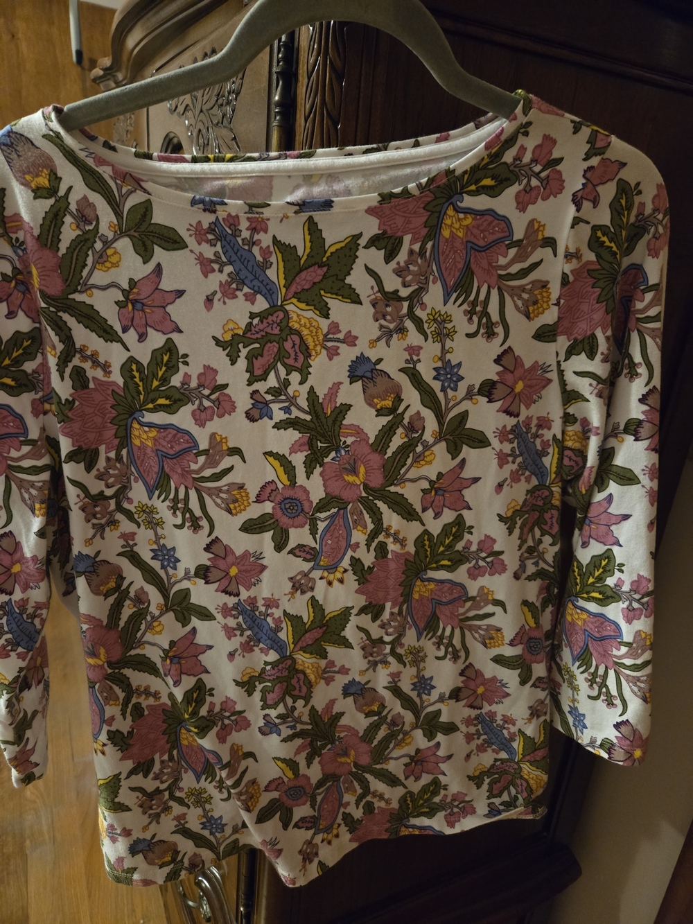 Talbots White Floral Long Sleeve Tee with Pink and Green Print